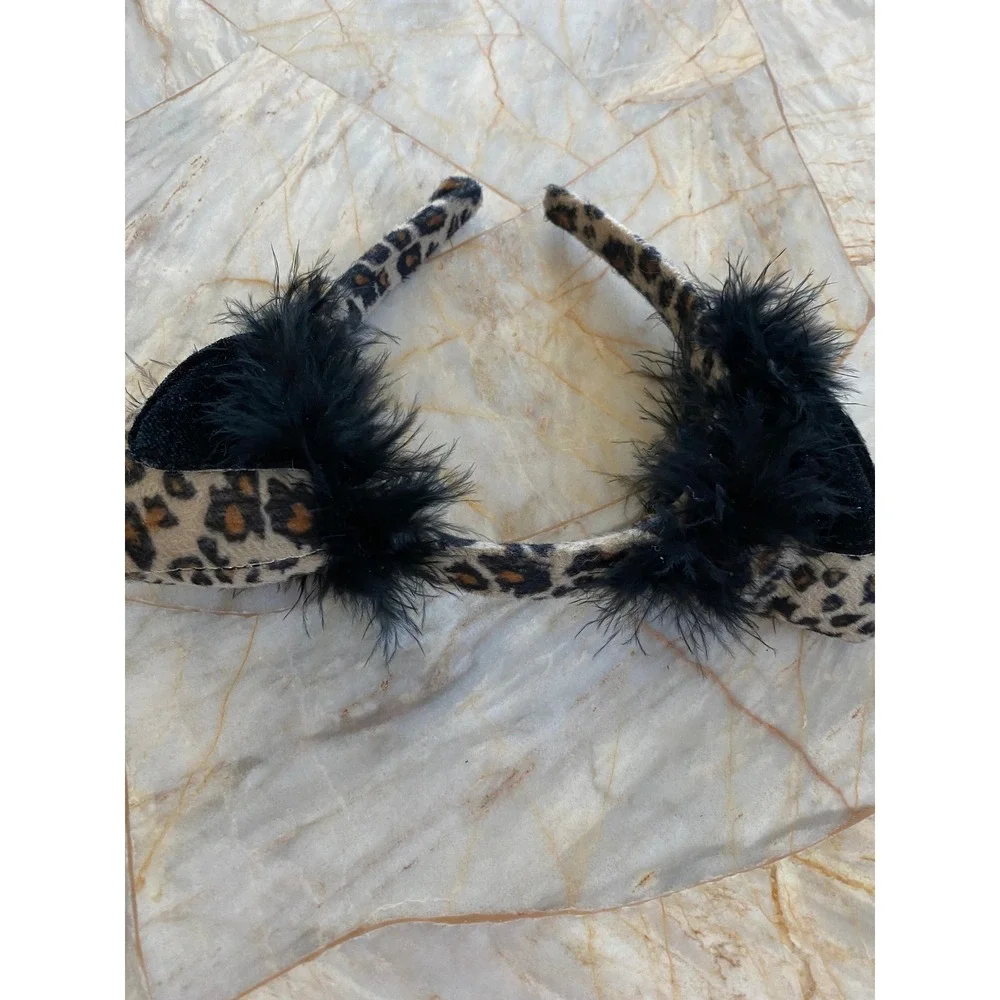 Leopard Print Cat Ear Headband with Black Marabou Feather Trim Costume Accessory
